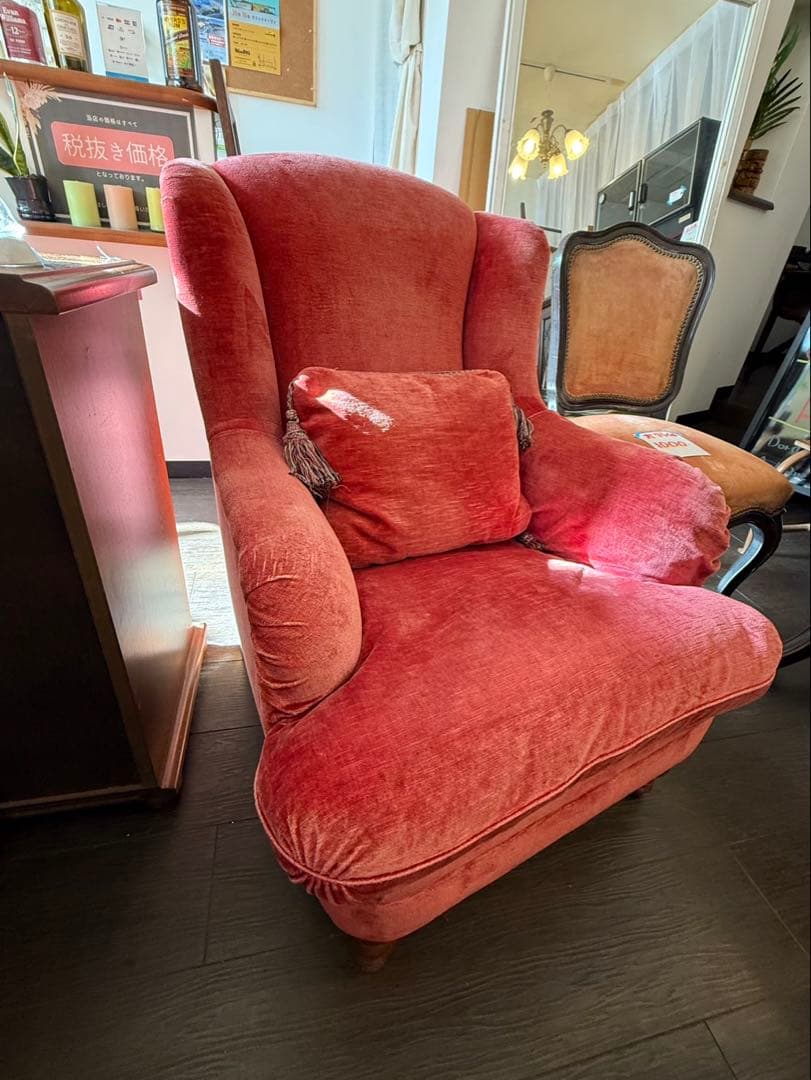 アンティーク 1人掛けソファ　レッド　ベルベット調 喫茶店レトロ　アームチェア