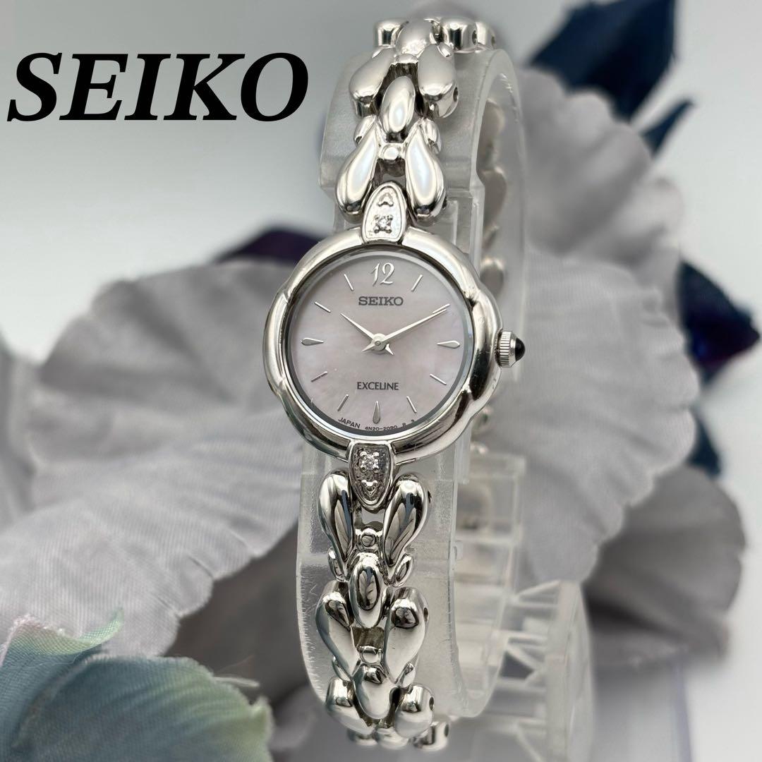 稼働 SEIKO EXCELINE 腕時計 シェル ブレスウォッチ 2Pダイヤ