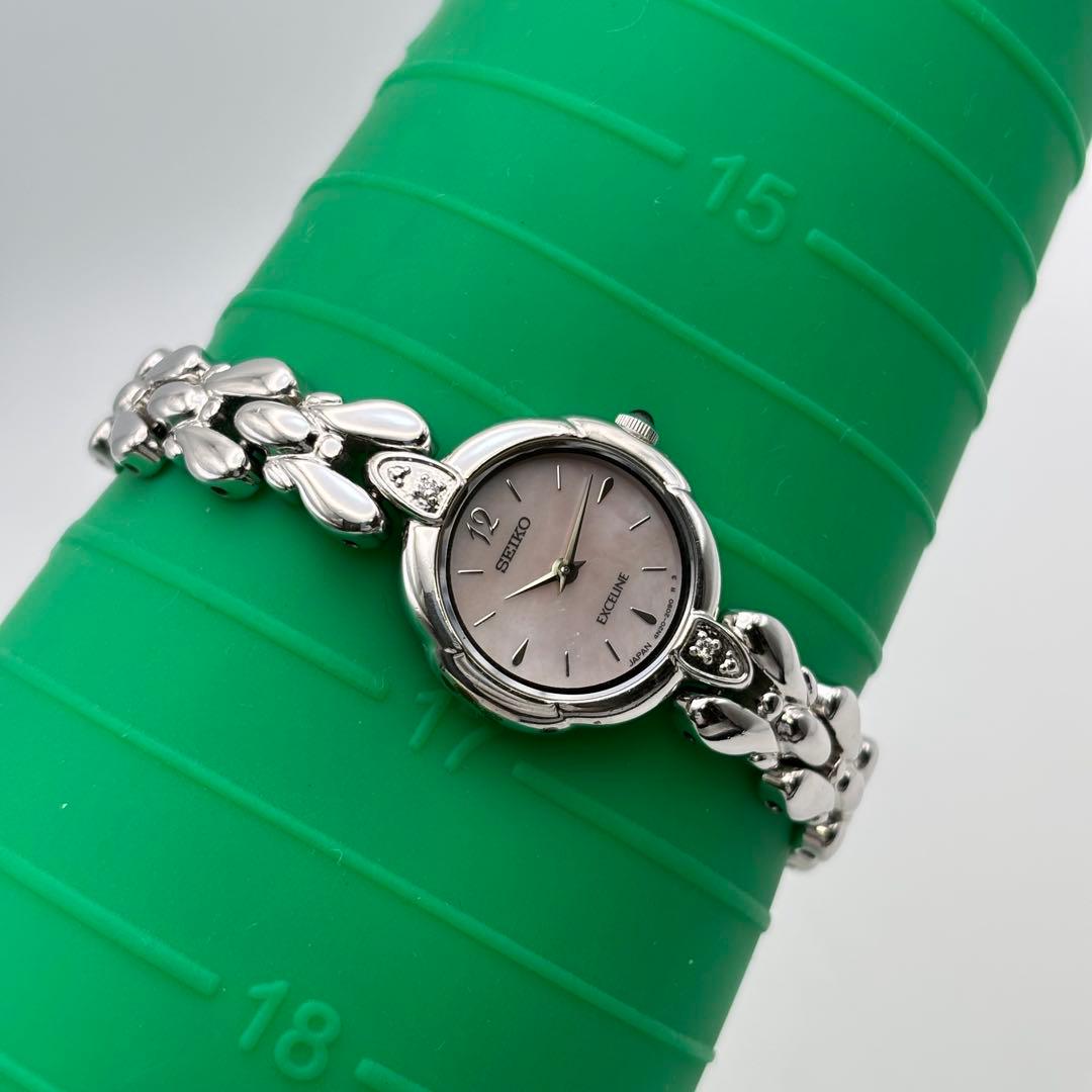 稼働 SEIKO EXCELINE 腕時計 シェル ブレスウォッチ 2Pダイヤ