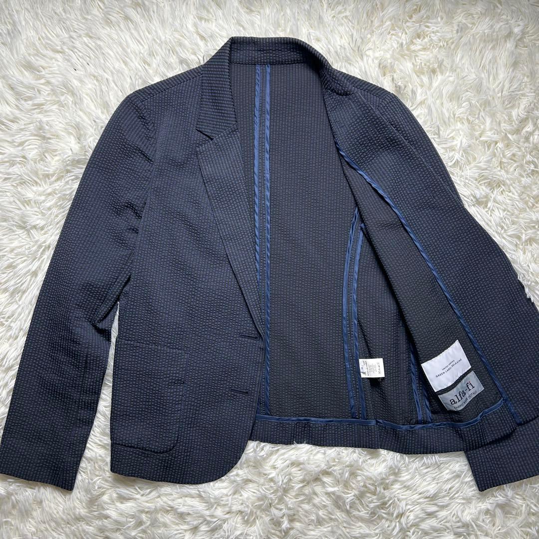 グリーンレーベルリラクシング シアサッカー パンツスーツ セットアップ ネイビー