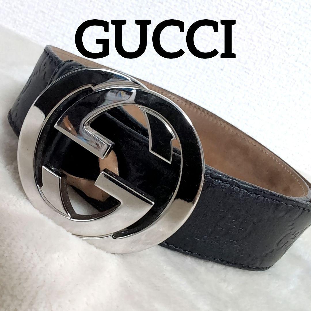 dz24 GUCCI レザーベルト 黒 GGロゴ 総柄 メンズMサイズ相当