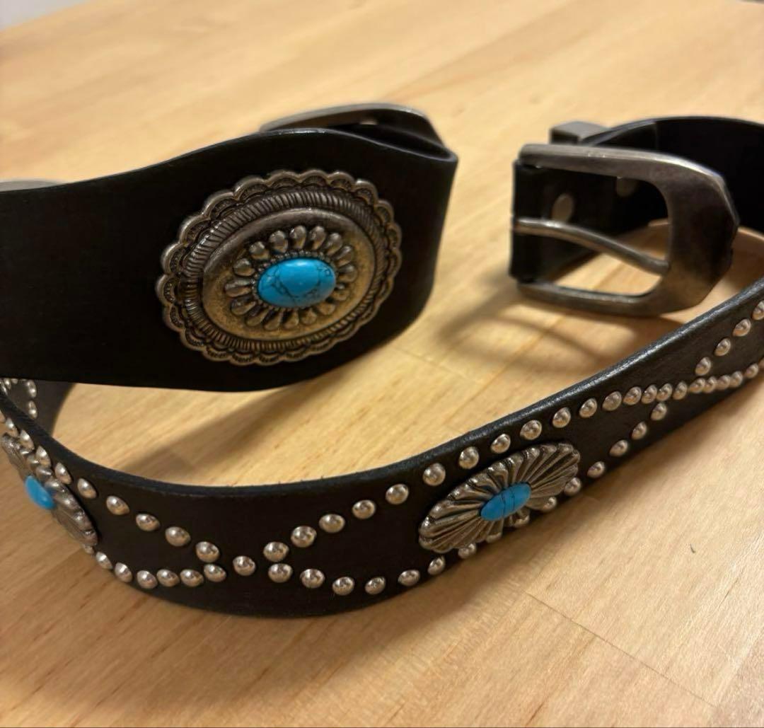 スタッズ レザー ターコイズ ベルト 本革 レザー ビンテージ