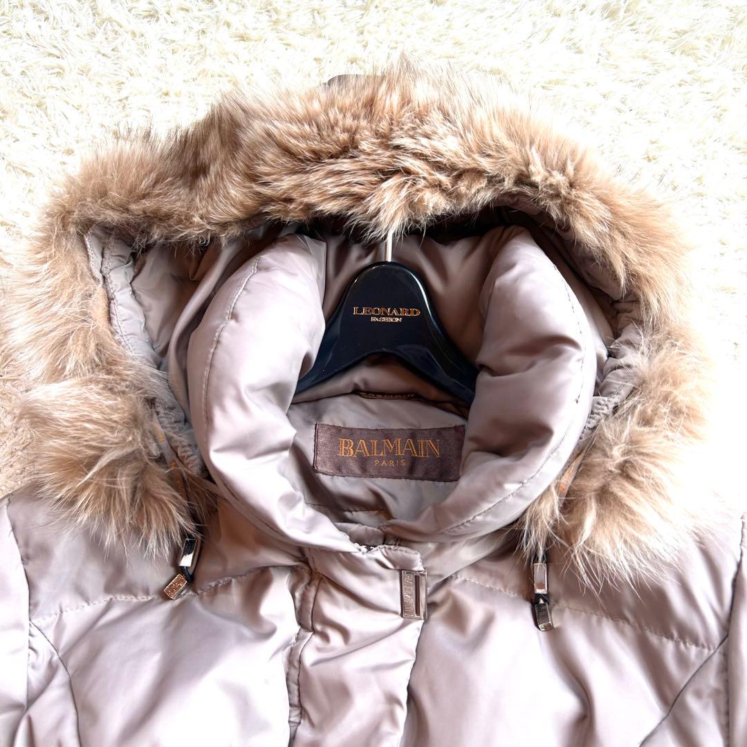 【BALMAIN 】本毛皮 ベルト付きダウンコートLフォックスファー バルマン