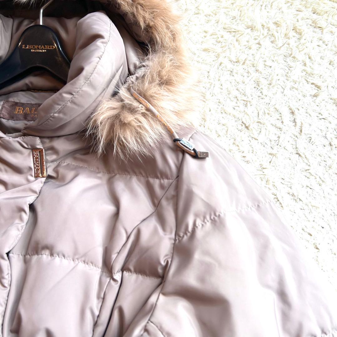 【BALMAIN 】本毛皮 ベルト付きダウンコートLフォックスファー バルマン