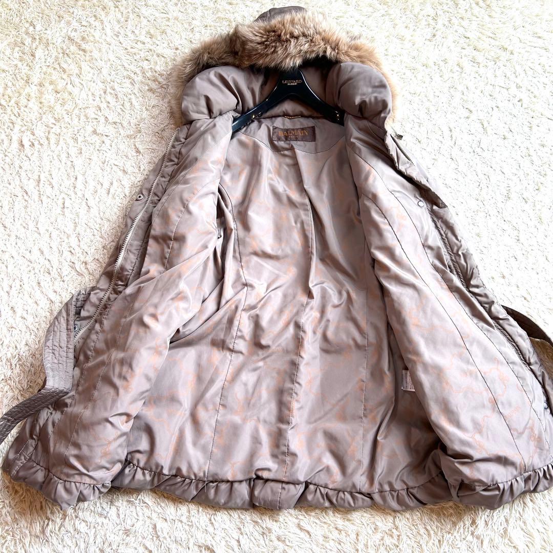 【BALMAIN 】本毛皮 ベルト付きダウンコートLフォックスファー バルマン