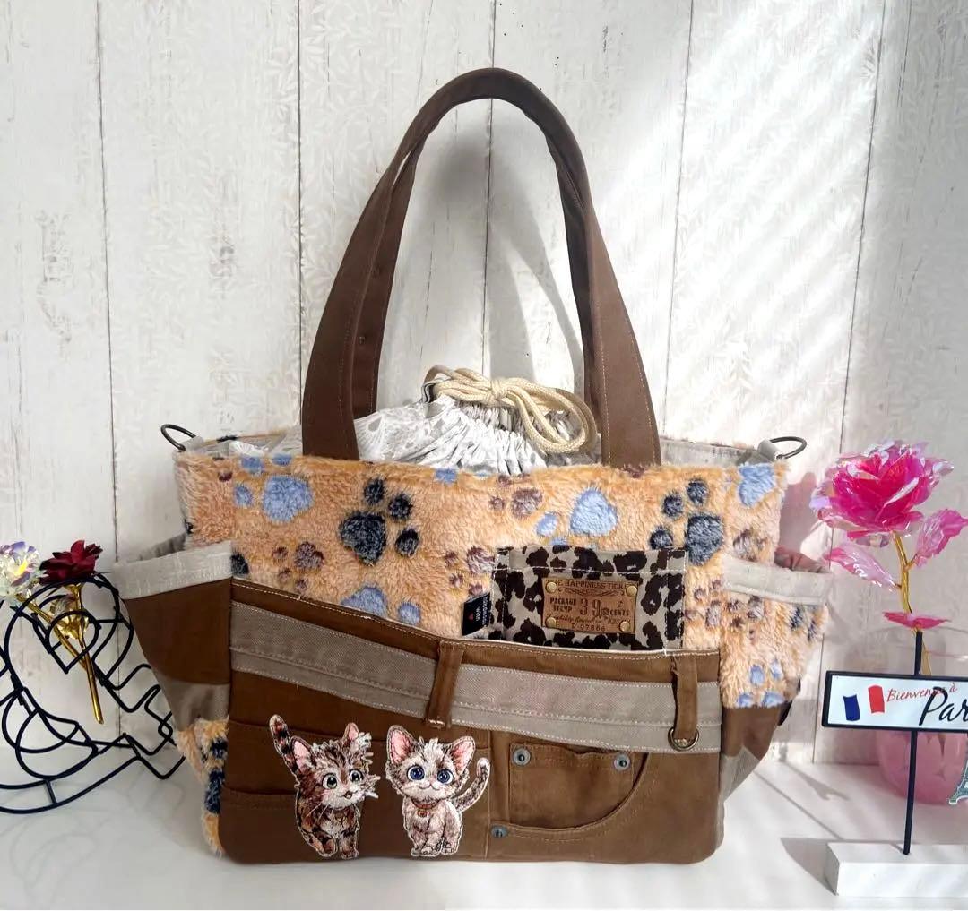 デニムリメイクバッグ　猫　肉求