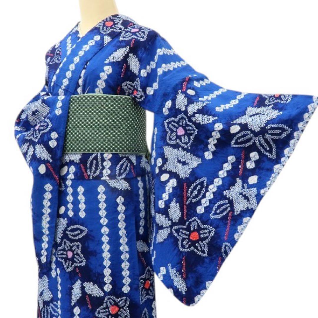 たまご✺美品 有松鳴海絞り 綿 桔梗 高級浴衣 着物 A3509