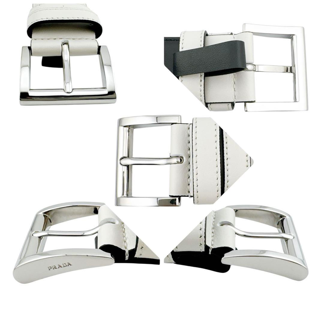 未使用級◇プラダ レザー トライアングルロゴ 三角プレート ホワイト ベルト