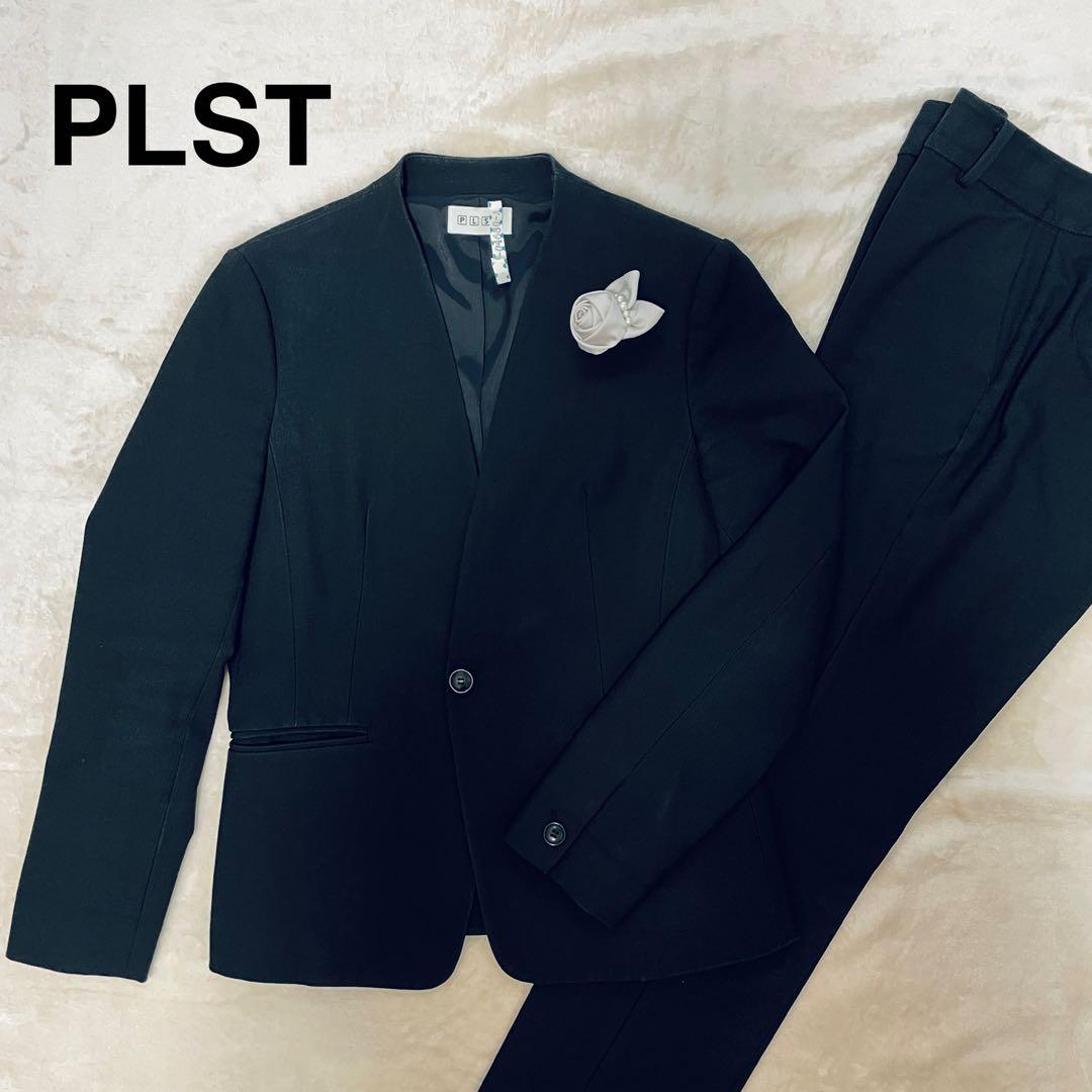 PLST パンツスーツ セットアップ カラーレスジャケット おまけコサージュ付き