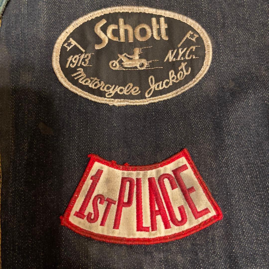 希少 Schott ショット　L ライダースジャケット デニムレザー　ワッペン