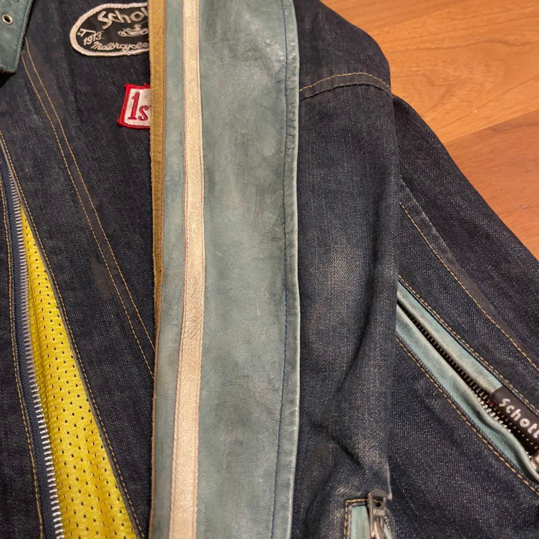 希少 Schott ショット　L ライダースジャケット デニムレザー　ワッペン