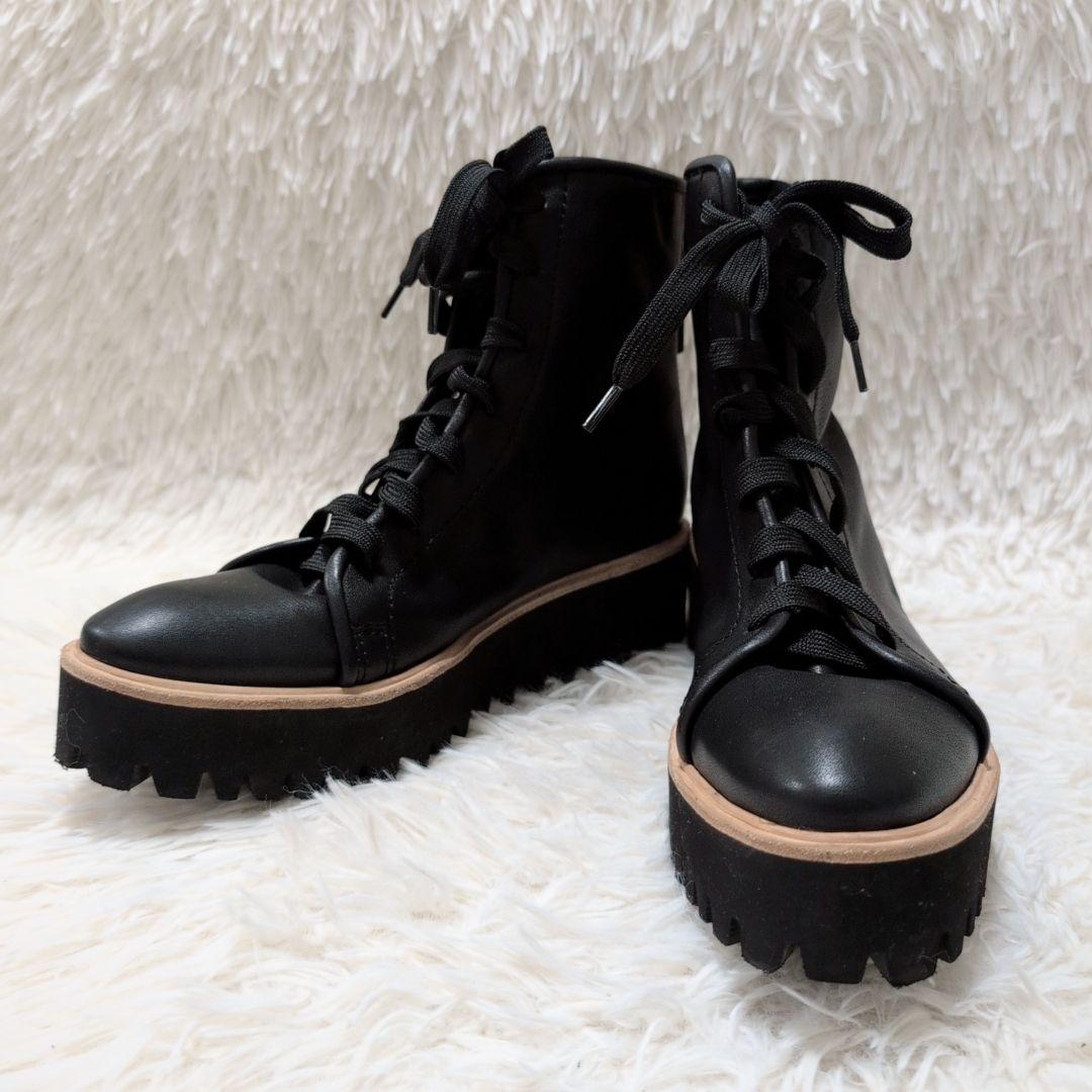 【美品】オールブラック 厚底 レースアップ ショートブーツ ブラック 24.0