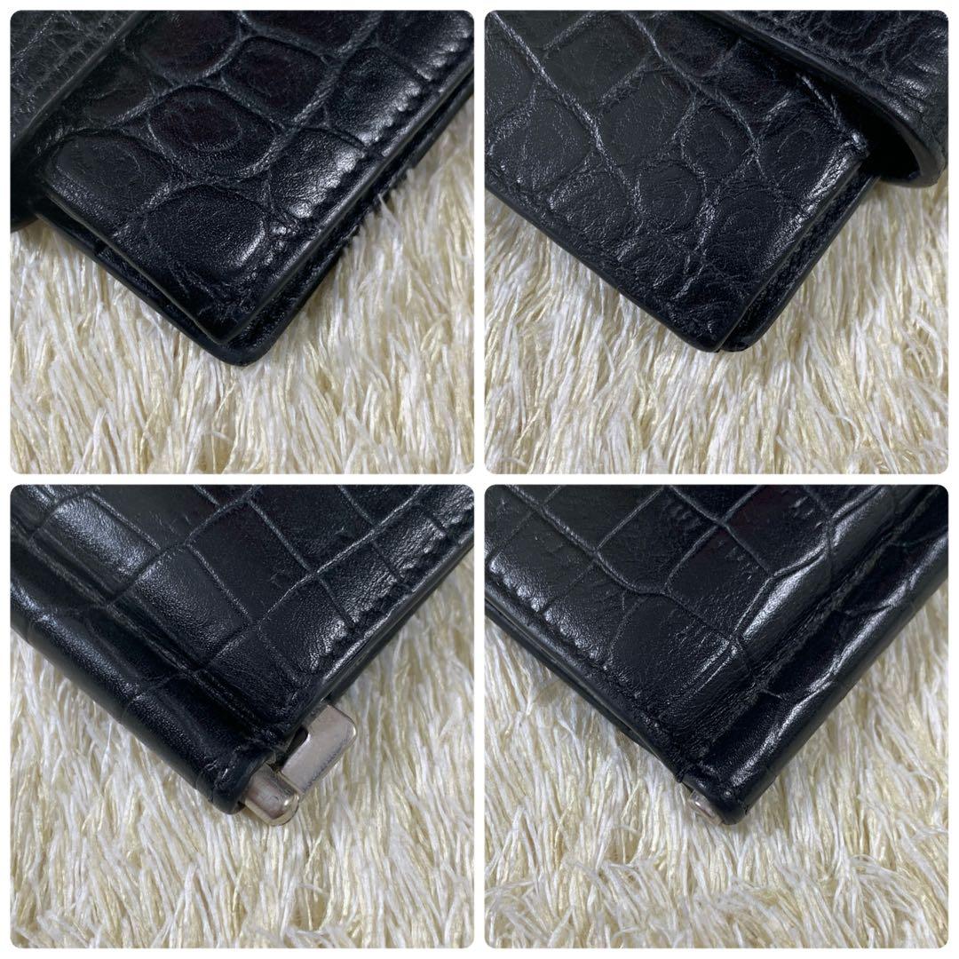 【極美品】サンローランパリ　マネークリップ　二つ折り　クロコ　黒　レザー　銀ロゴ