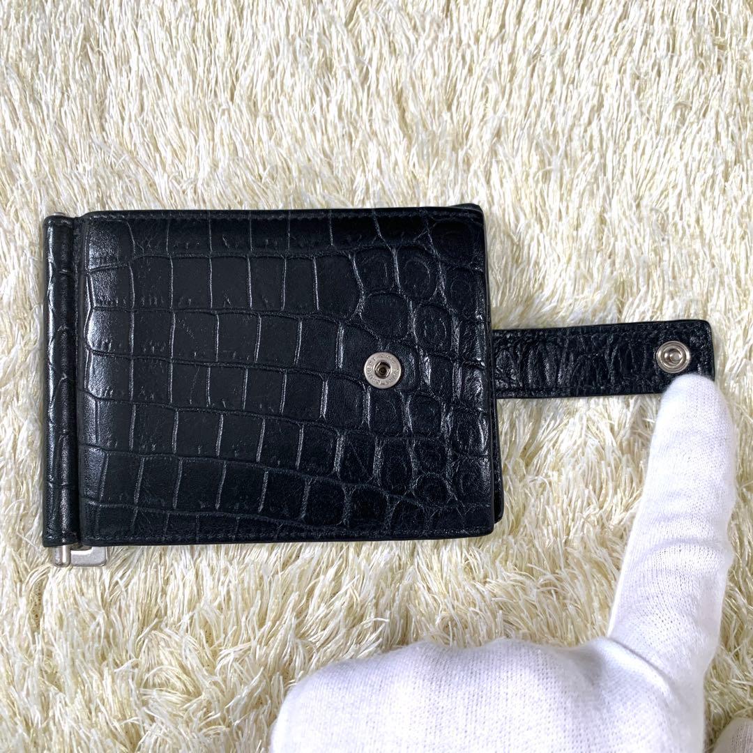 【極美品】サンローランパリ　マネークリップ　二つ折り　クロコ　黒　レザー　銀ロゴ