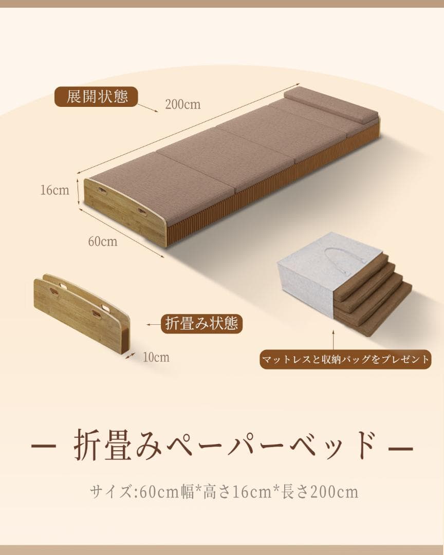 ペーパー折りたたみベッド幅60㎝高さ16㎝組立不要 マットレス付き 一人暮らし