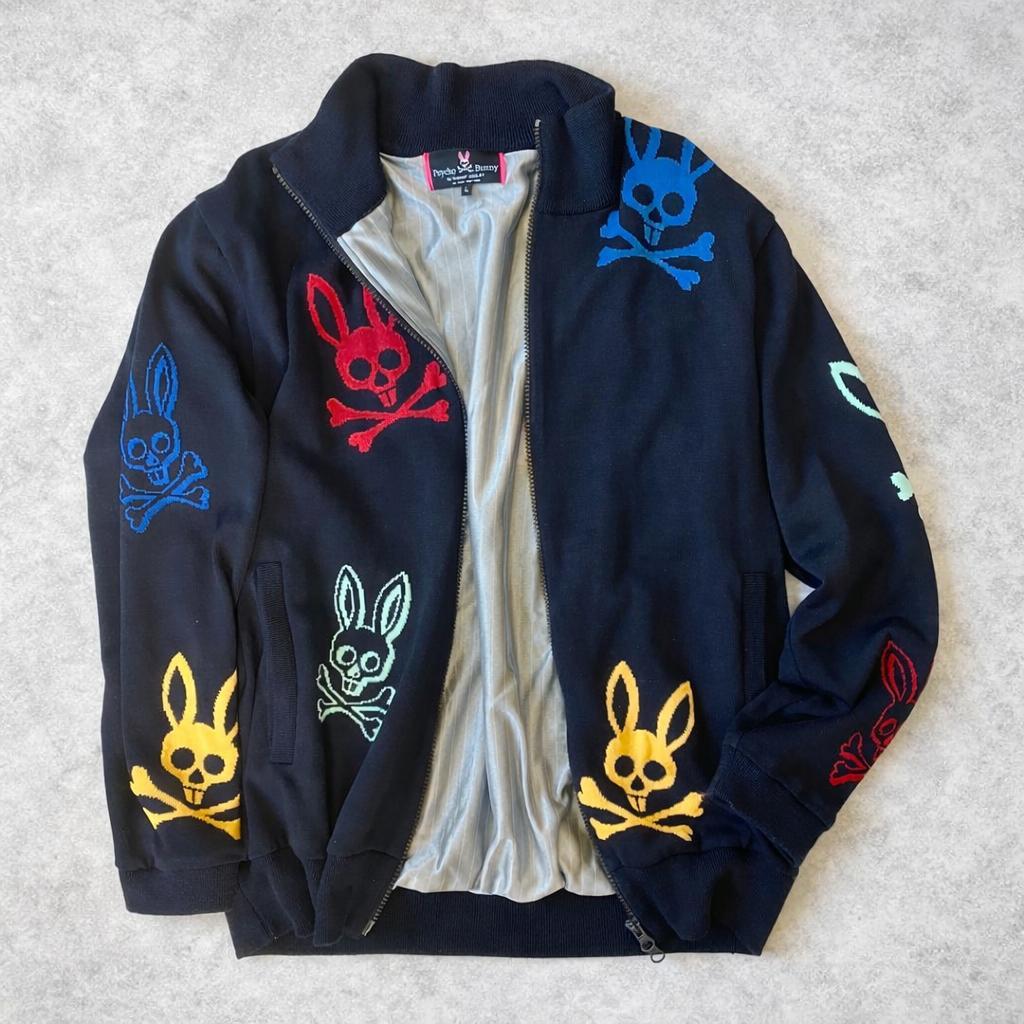 吉田サイコバニー 刺繍 ニットブルゾン ネイビー ジップアップ 蓄熱 L