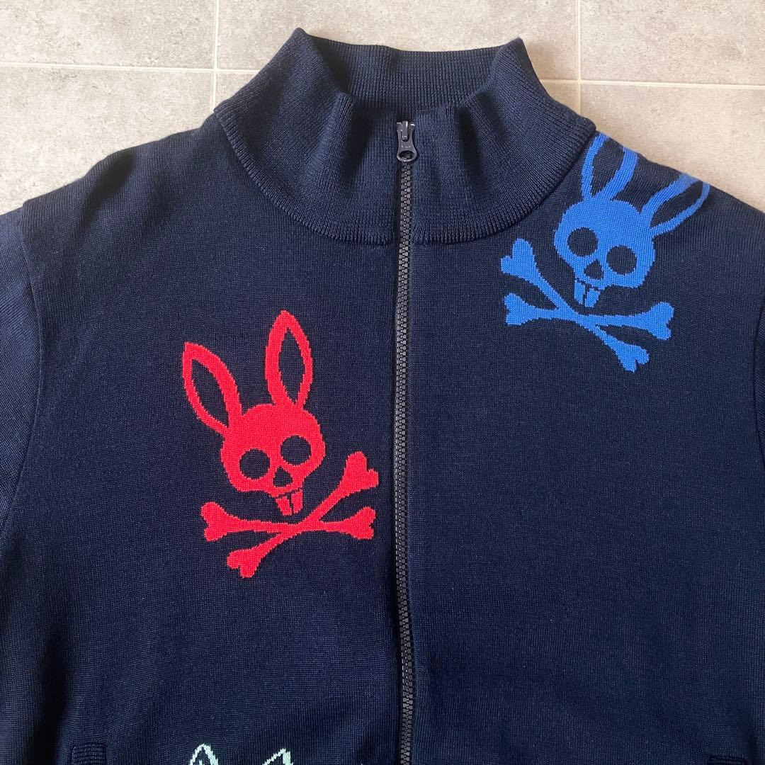 吉田サイコバニー 刺繍 ニットブルゾン ネイビー ジップアップ 蓄熱 L