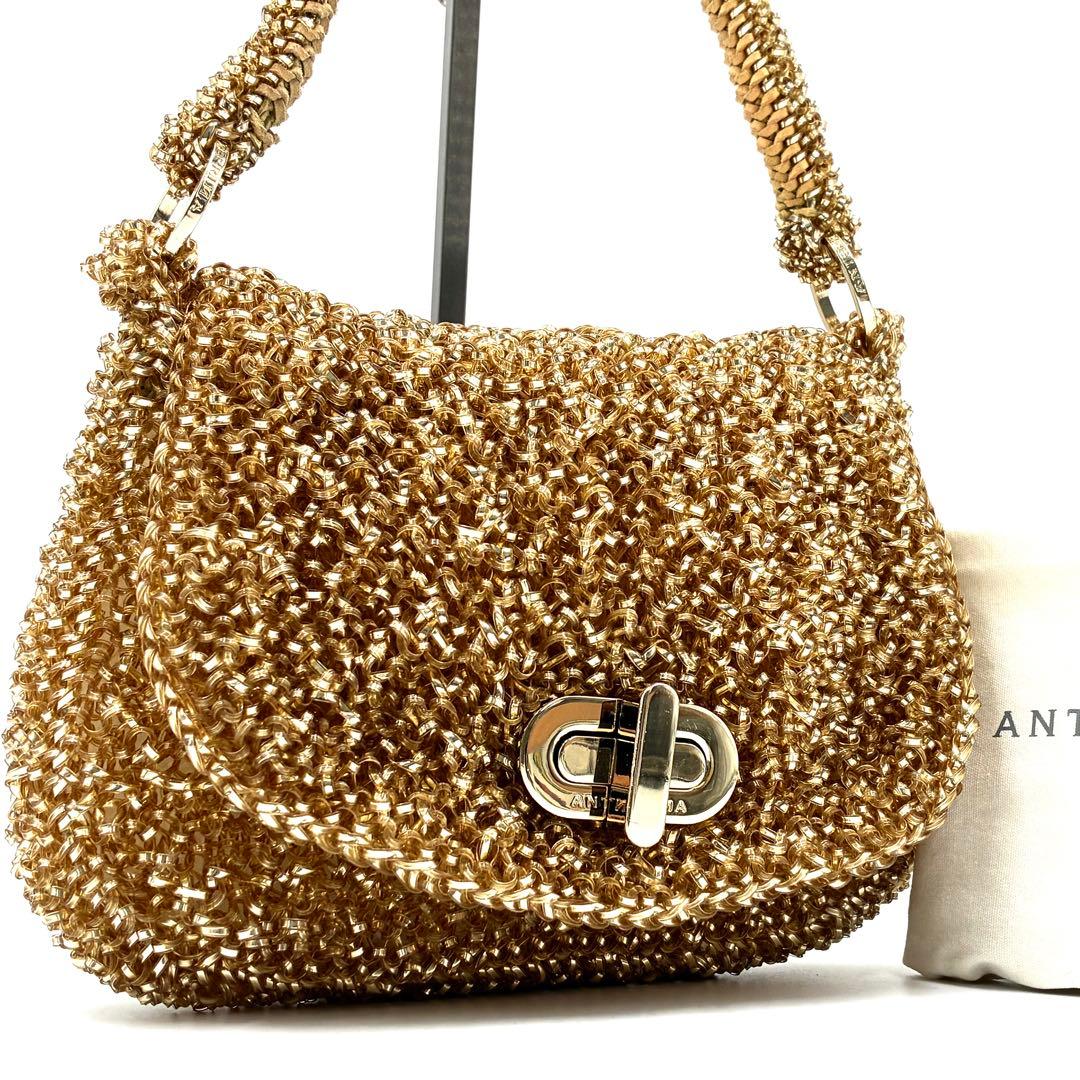 美品 アンテプリマ ワイヤーハンドバッグ フラップ ターンロック ゴールド