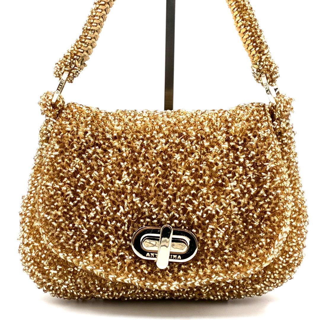 美品 アンテプリマ ワイヤーハンドバッグ フラップ ターンロック ゴールド