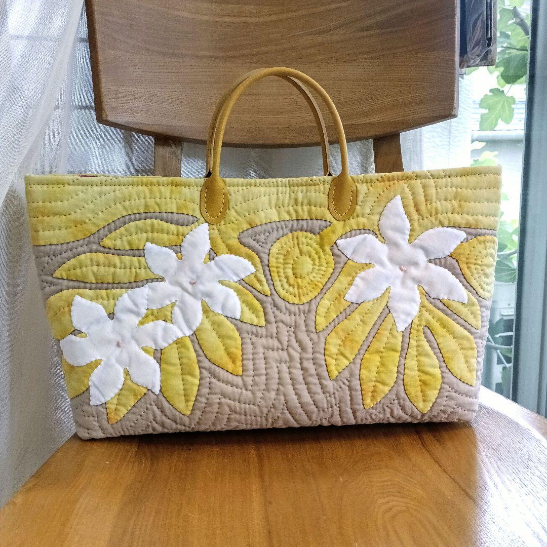ハワイアンキルト　バッグ　パンの木　イエロー