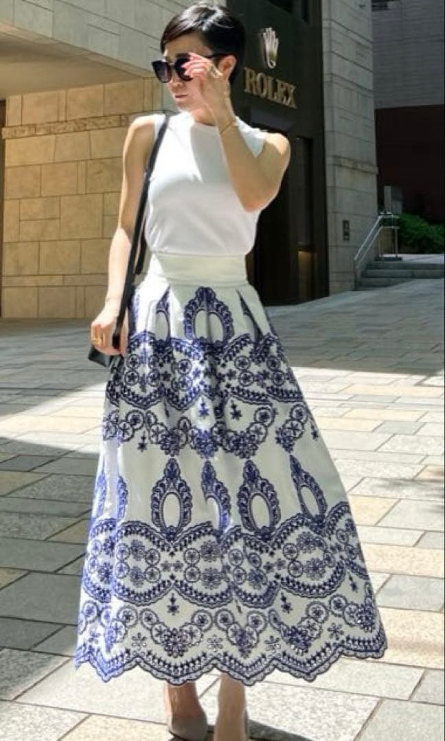 JENNE総刺繍BOXタックスカートMブルー