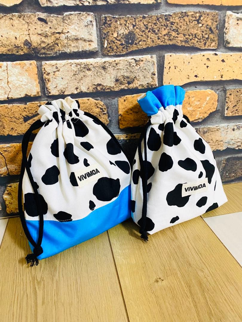 あすか　オーダー商品　完成　入園入学　ハンドメイド　水色　牛柄