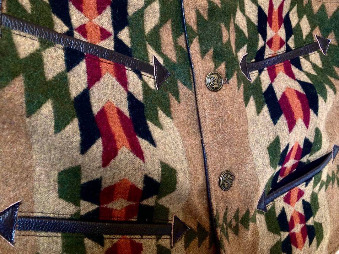 ウエスタン ナバホ柄 本革 ウール レザーベスト 新品 メンズ サイズL ￼