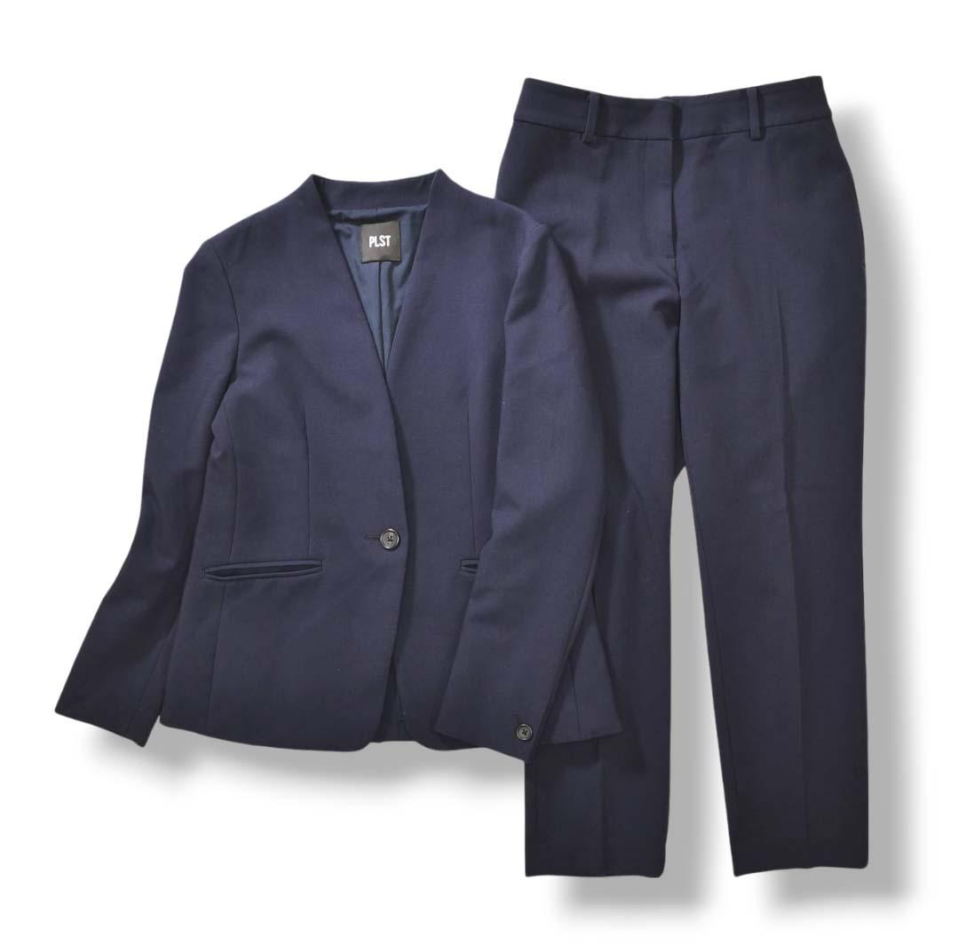 【上質】 【人気】 プラステ ノーカラー パンツスーツ ネイビー ♪
