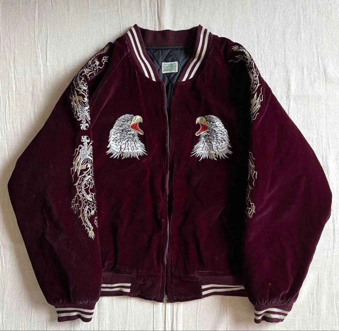 〜90s　豪華装飾全面刺繍　肉厚ベロアスカジャン　鷲　龍　和柄　横須賀スーベニア