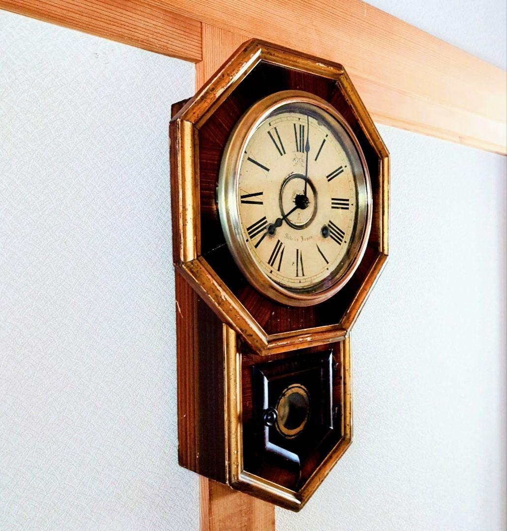 〈OH済完動・美品〉高野時計製造所旗印　金箔八角ゼンマイ振り子時計　アンティーク