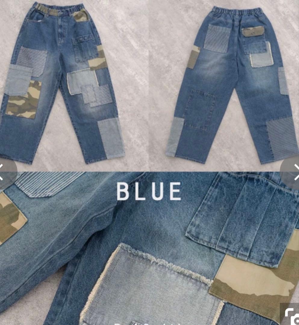 りーサン デニム×迷彩柄 パッチワークパンツ