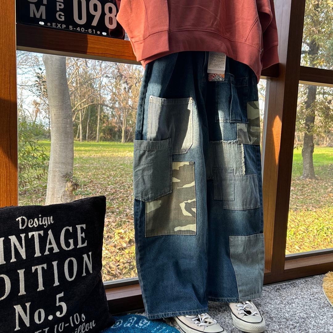 りーサン デニム×迷彩柄 パッチワークパンツ