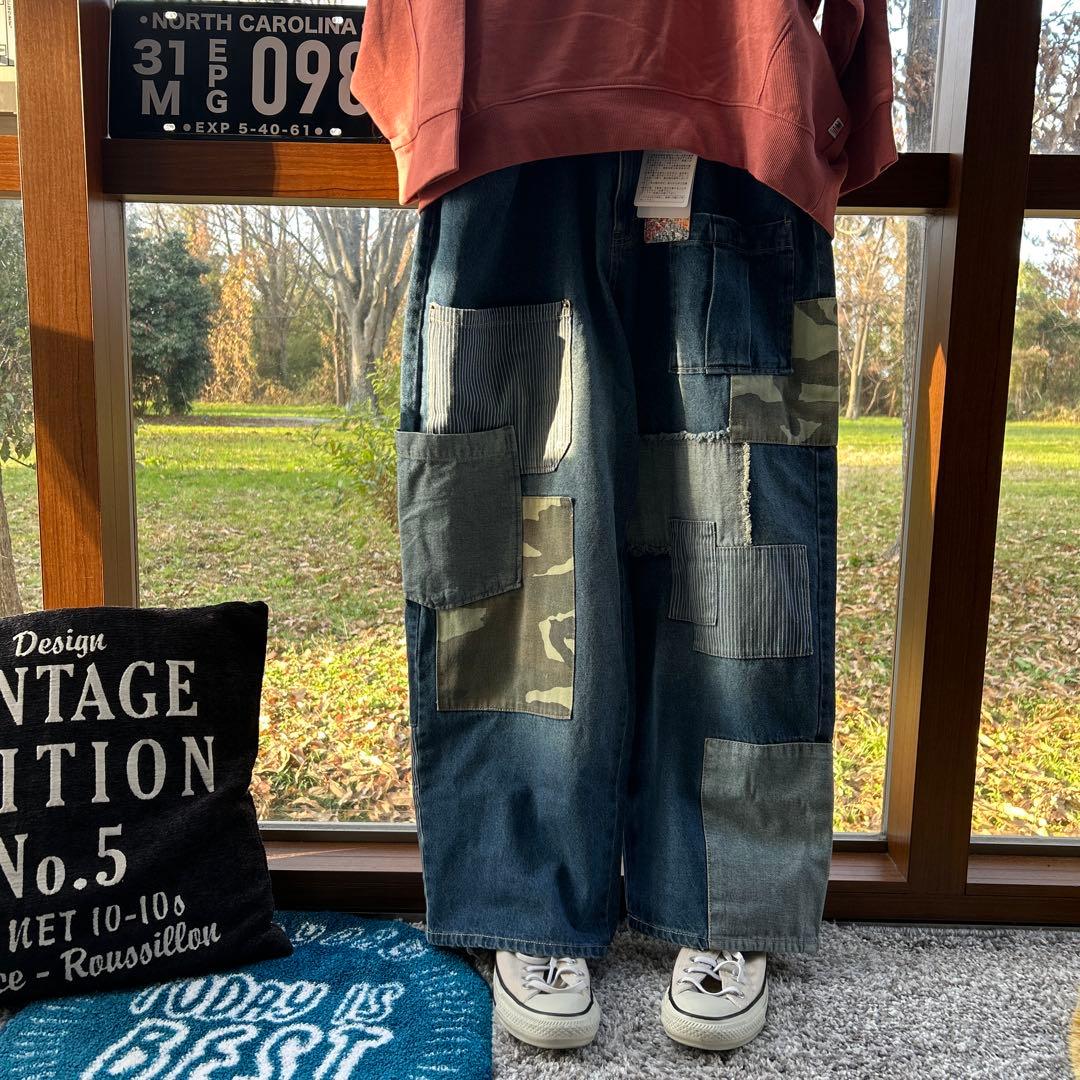 りーサン デニム×迷彩柄 パッチワークパンツ