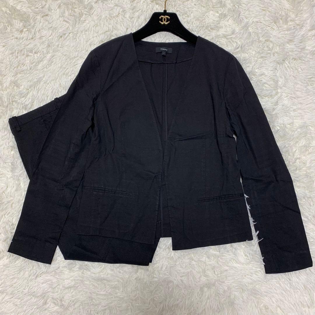 【美品】セオリー スーツ セットアップ ノーカラー リネン L ブラック
