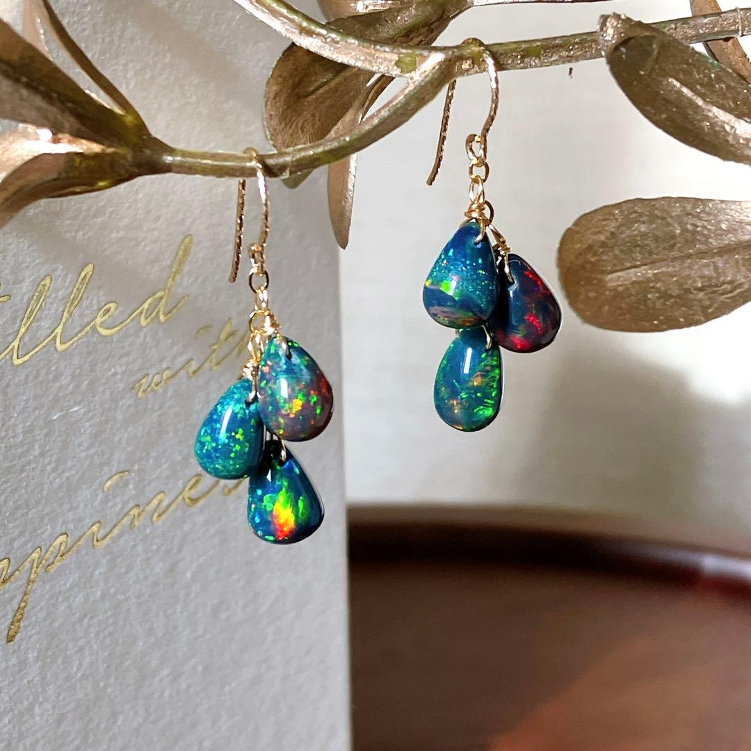 桃色の雲◆高品質✧ブラックオパールピアス✧14kgf