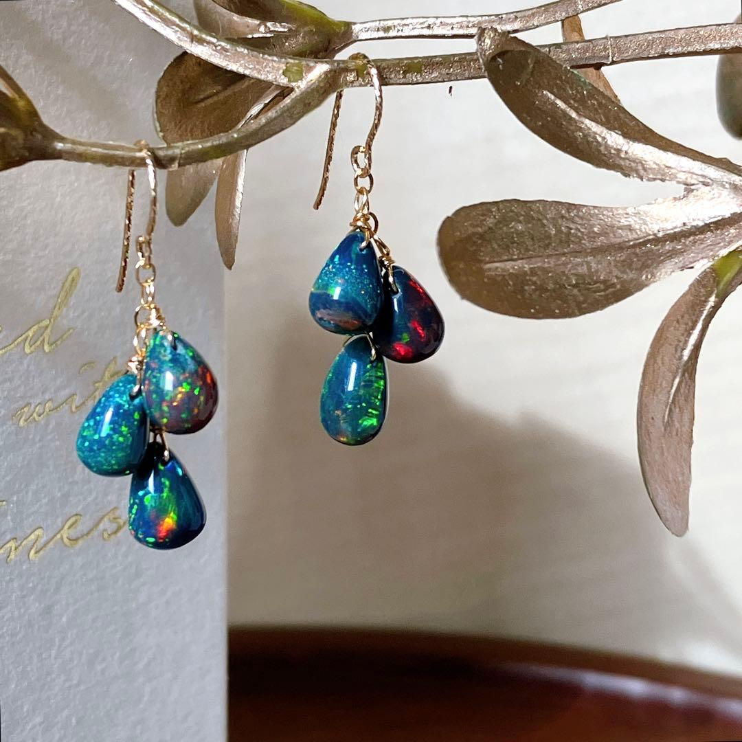 桃色の雲◆高品質✧ブラックオパールピアス✧14kgf