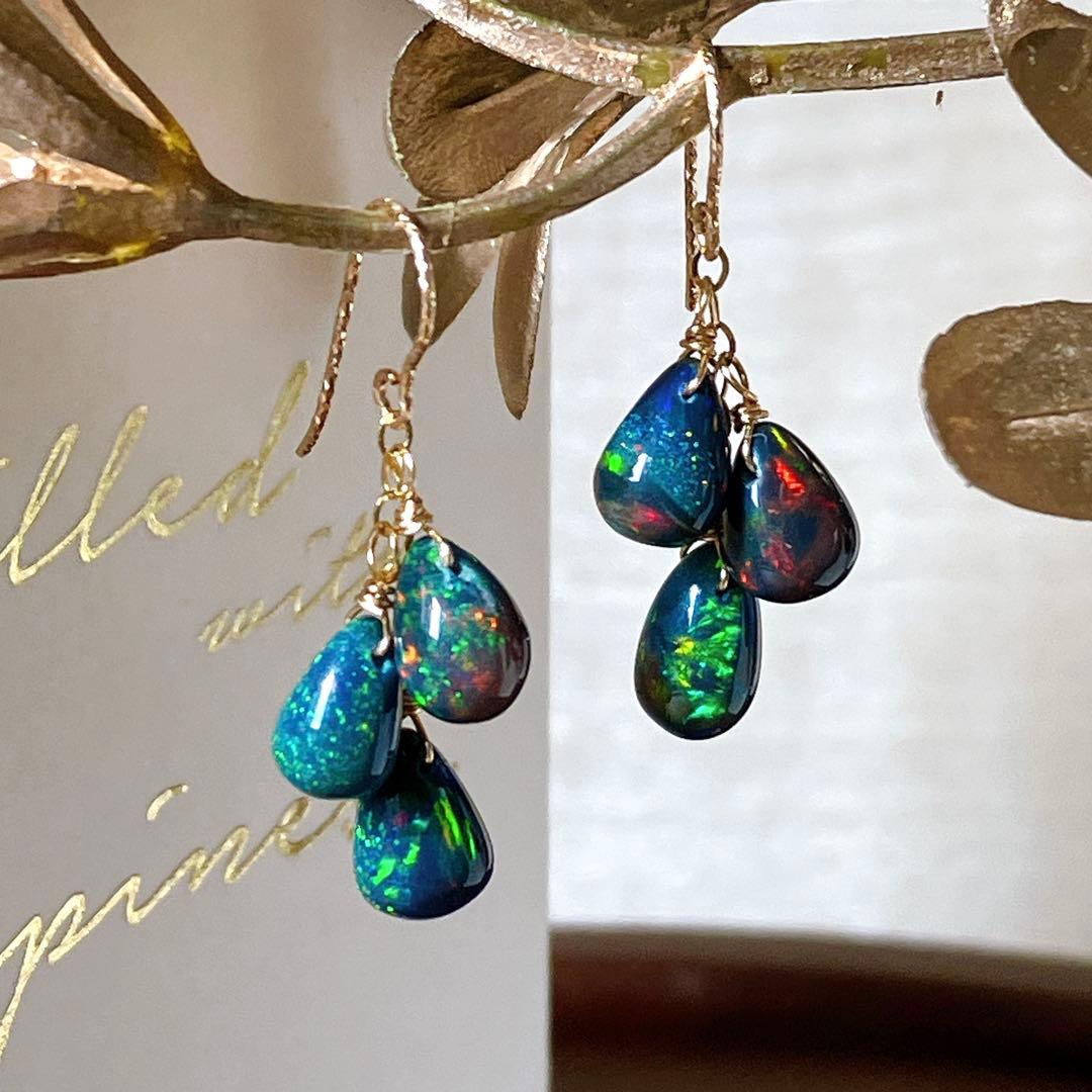 桃色の雲◆高品質✧ブラックオパールピアス✧14kgf