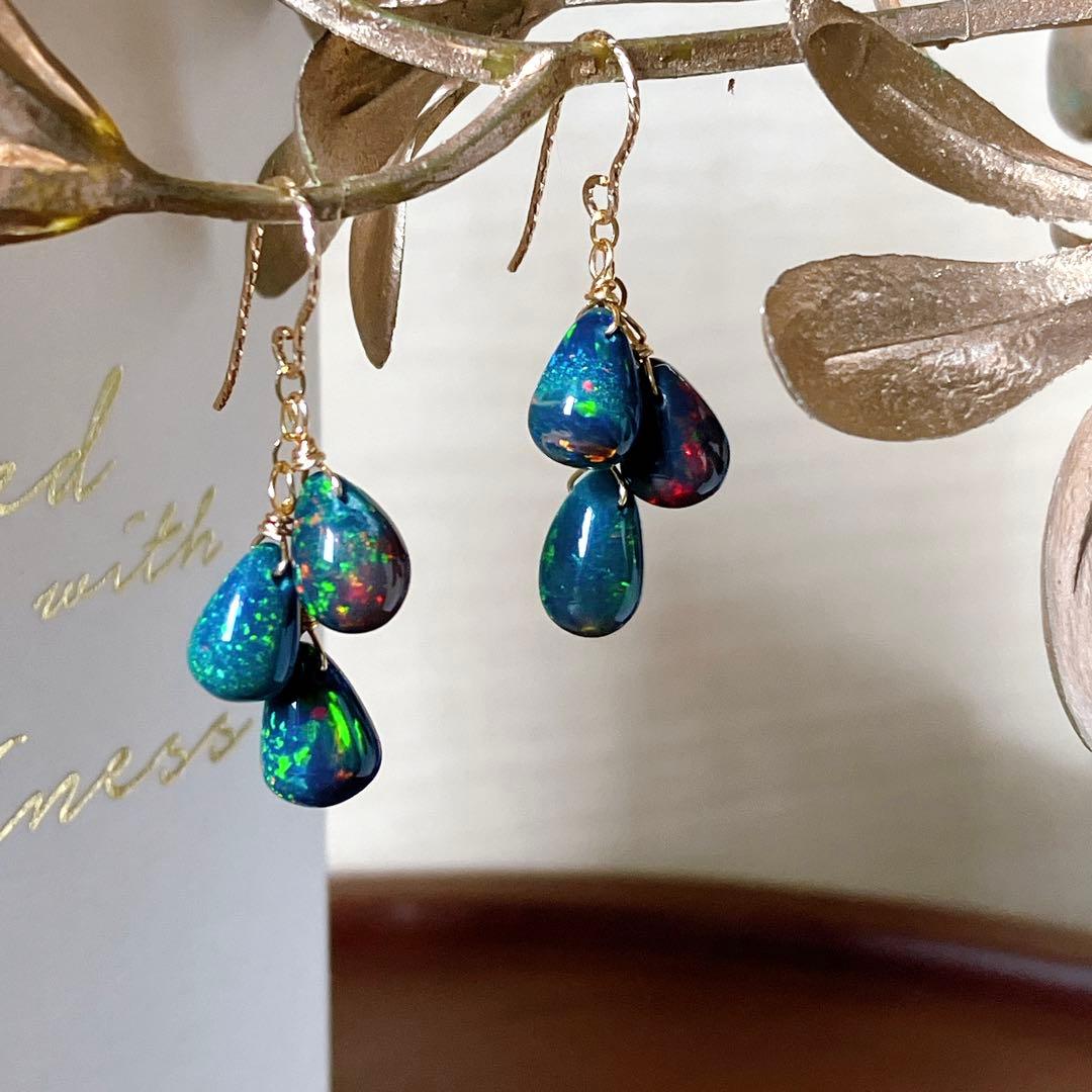 桃色の雲◆高品質✧ブラックオパールピアス✧14kgf