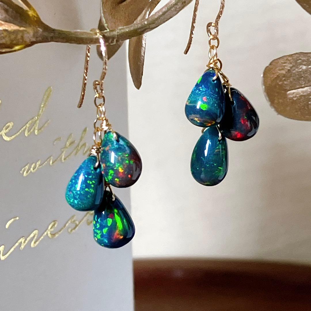 桃色の雲◆高品質✧ブラックオパールピアス✧14kgf