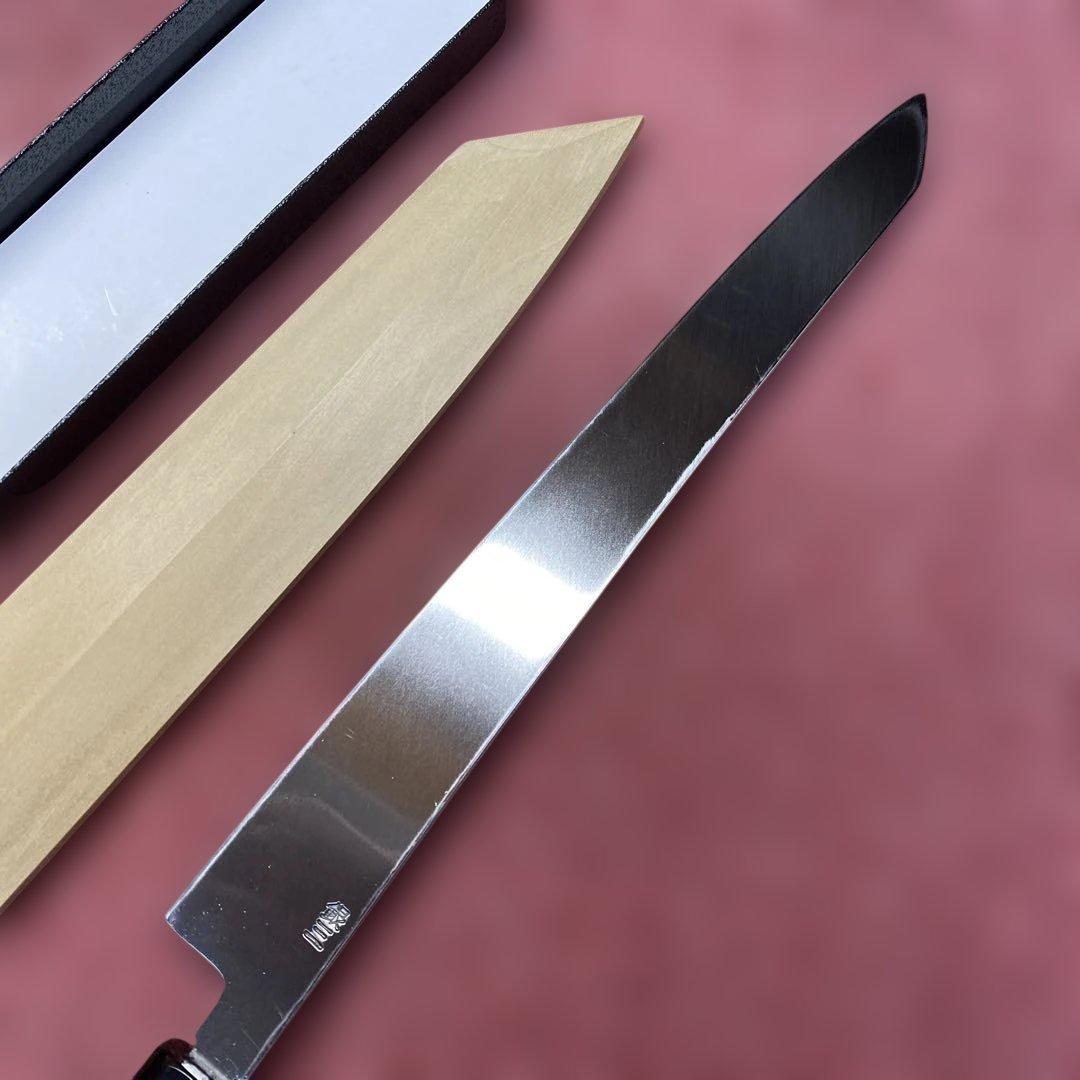 銀三　勘所切付柳刃包丁　300㎜ 尺0寸鞘付き