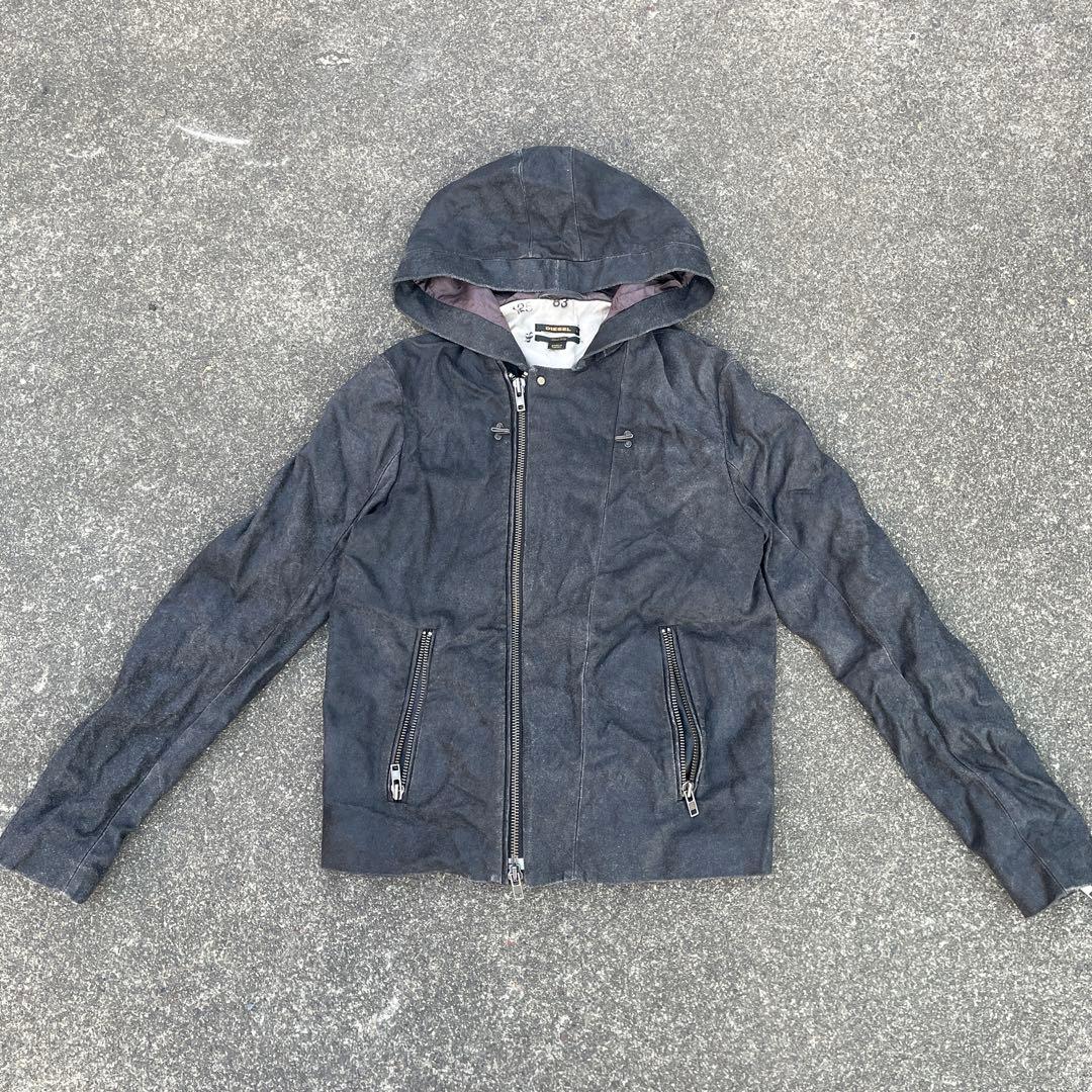 希少 DIESEL グレー フード付きレザーライダースジャケット エイジング加工