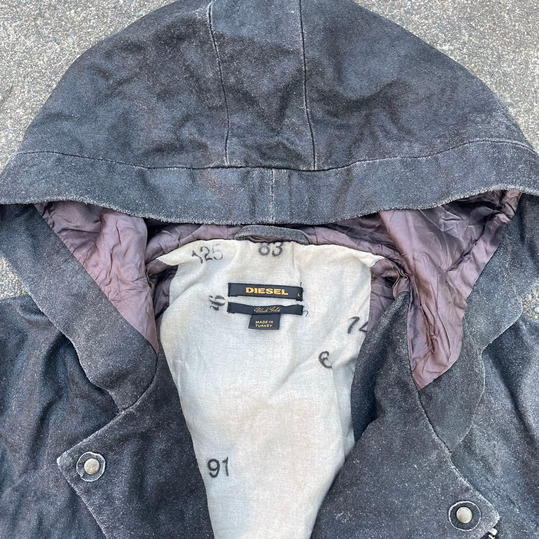 希少 DIESEL グレー フード付きレザーライダースジャケット エイジング加工
