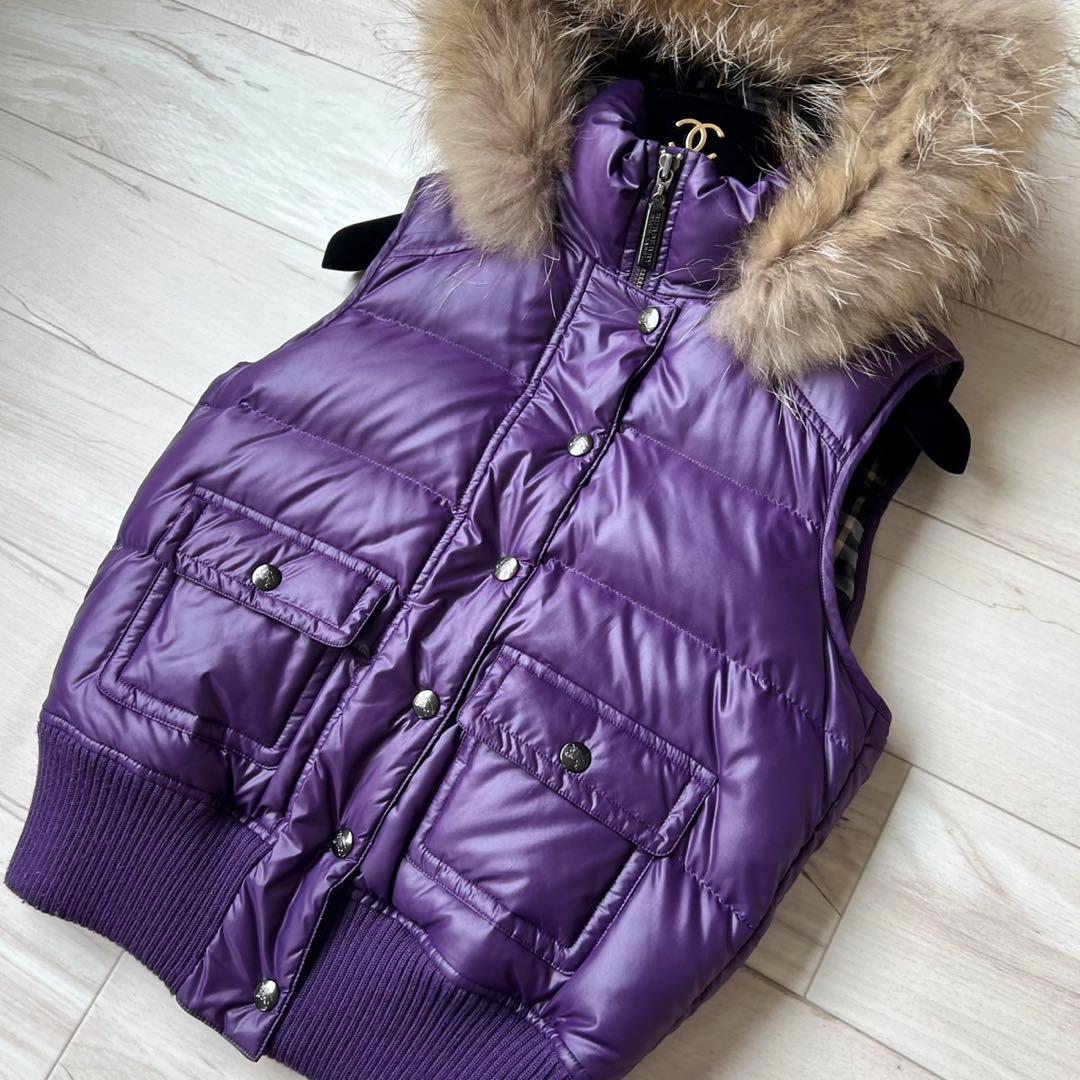 希少カラー　バーバリーブルーレーベル　ダウンベスト　ファー　チェック　2way