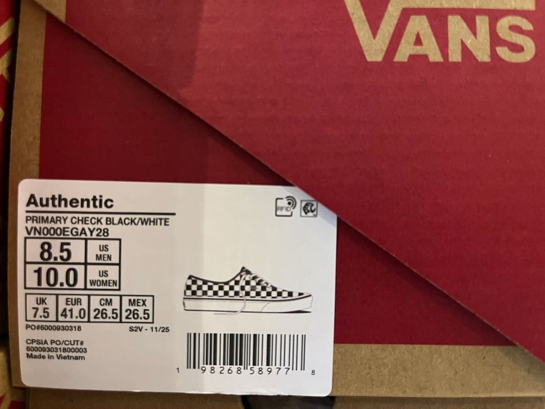 VANS AUTHENTIC checker 黒白 US正規品 赤箱 26.5