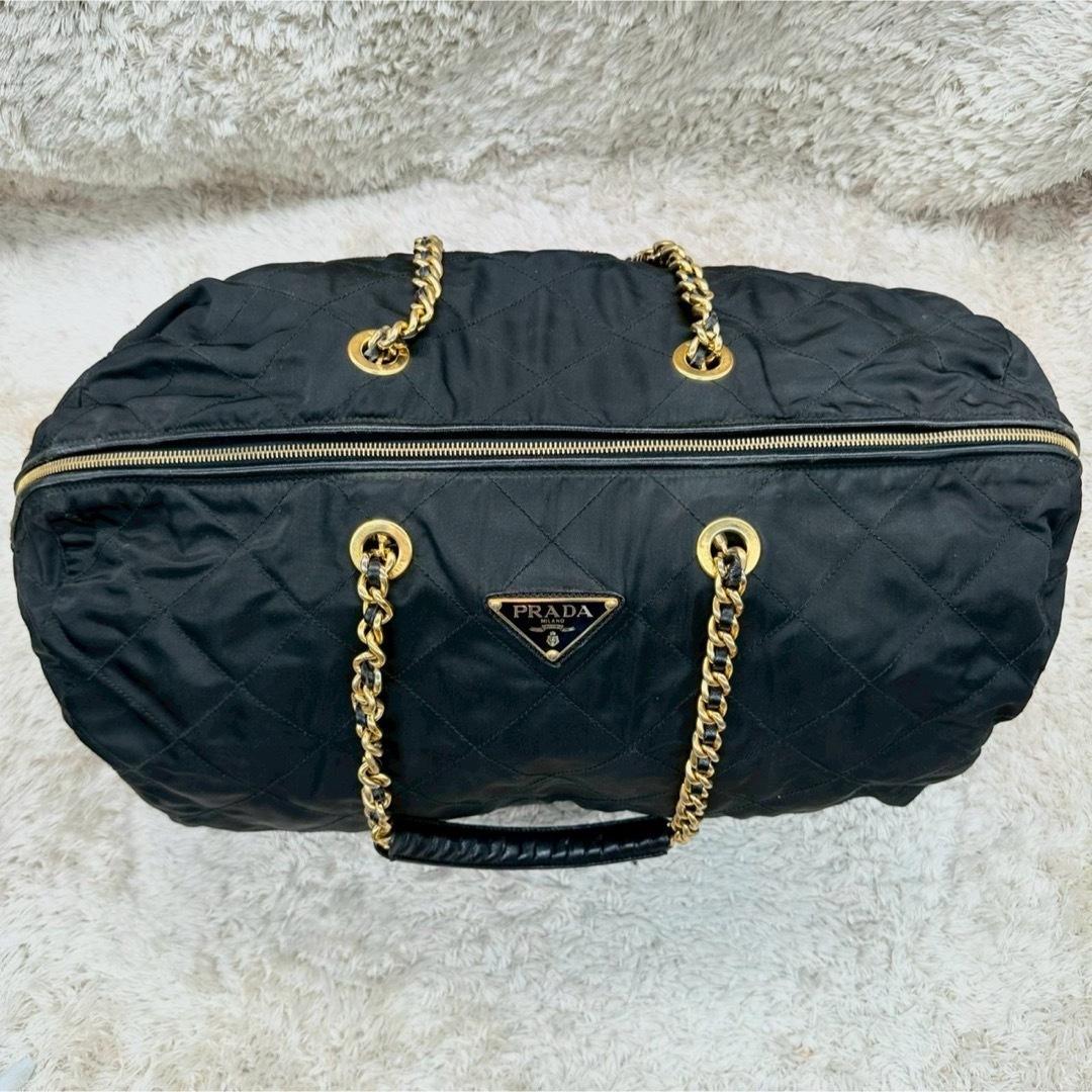 【美品】プラダ ボストンバッグ ブラック ナイロン キルティング 三角ロゴ