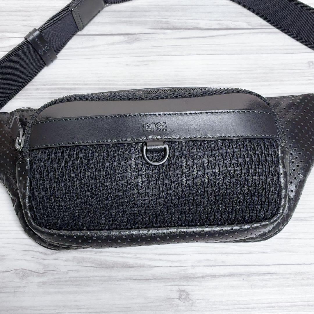 【HUGO BOSS】 ボディバッグ 本革 ウエストバッグ 黒 ブラック 肩掛け