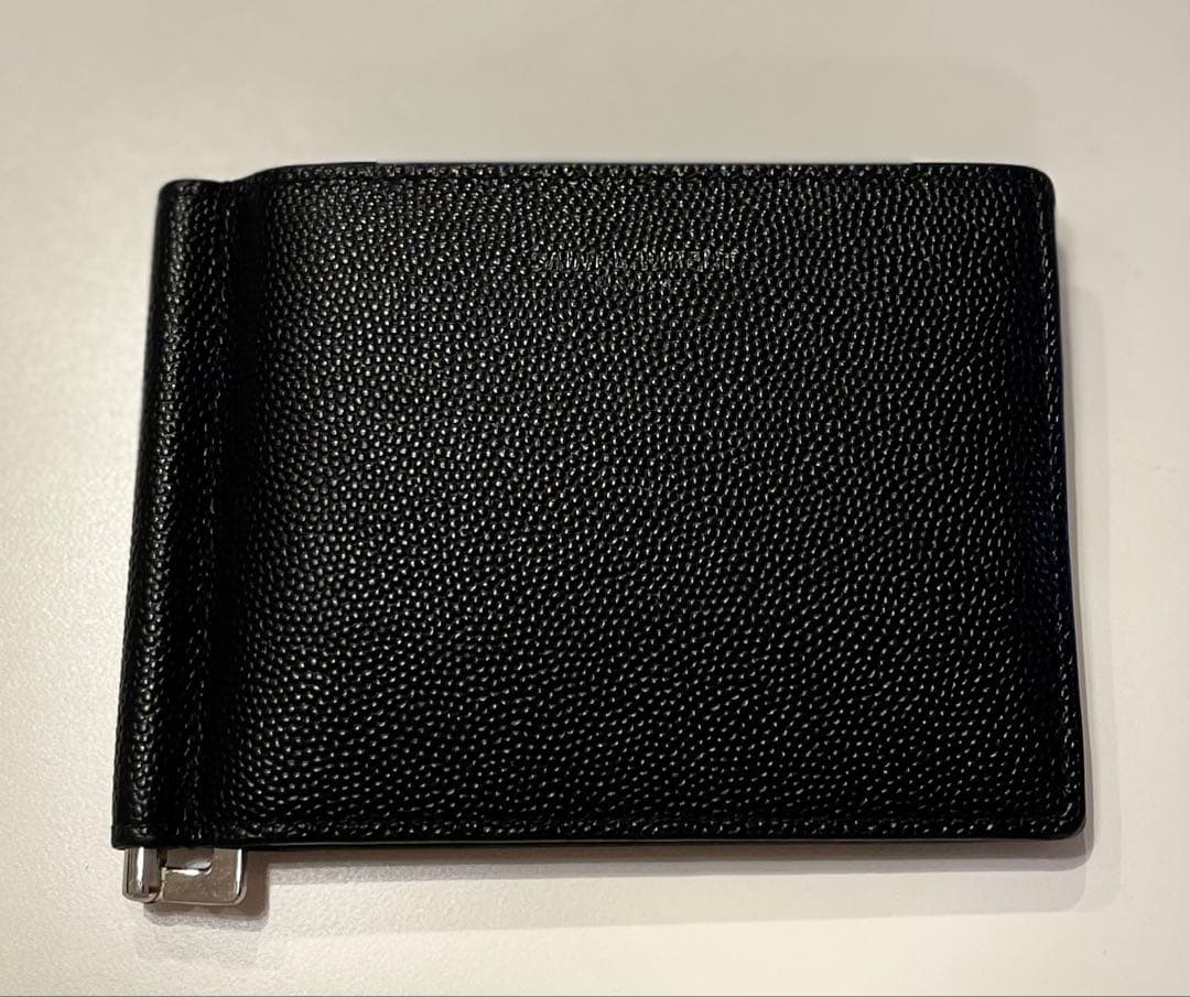 サンローラン 二つ折り財布 マネークリップ キャビアスキン メンズ 黒 箱あり