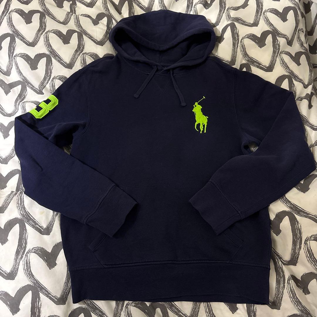 メンズ POLO ラルフローレン グレー パーカー 黄色 蛍光カラー