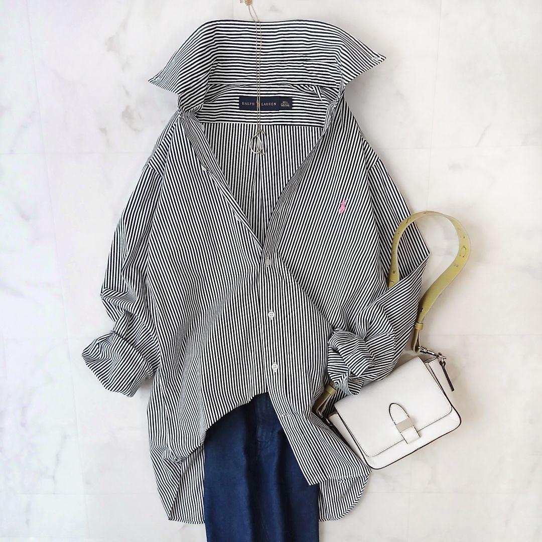 美品 ラルフローレン 上質 コットン 洗える ストライプ ボタンダウンシャツ 黒
