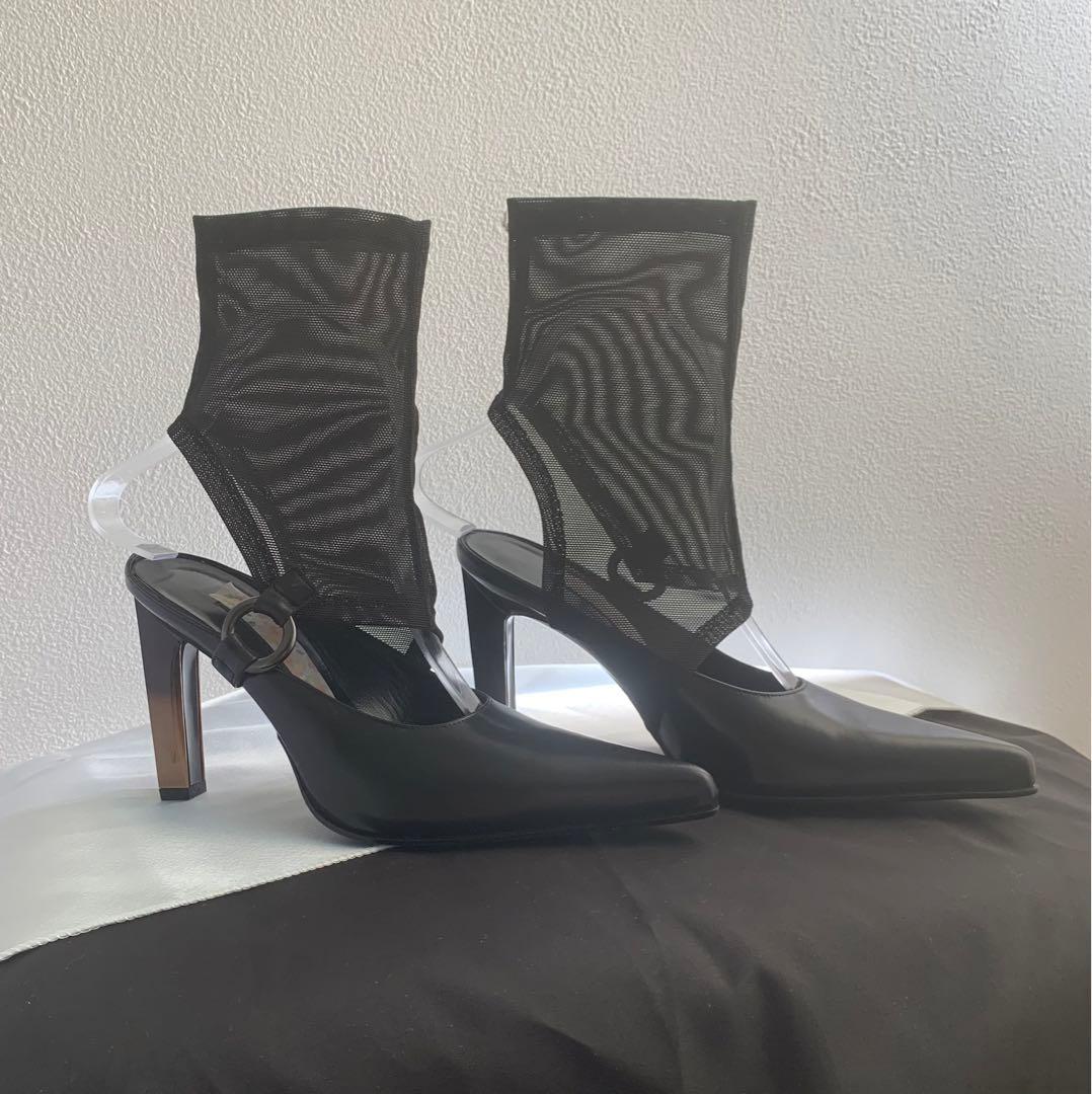 メッシュ セパレートパンプス　ブラック ポインテッドトゥ 23cm イタリア製